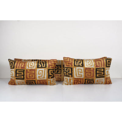 Colorful Ikat Velvet Pillow - Set of Two Lumbar Silk Cushion Cover - Matching Labyrinth Gold Turkish Pillowcase