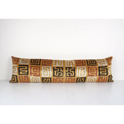 Silk Ikat Velvet Pillow, Extra Long Gold Silk Ikat Lumbar Cushion Cover, Colorful Extraordinary Design Velvet Bench Cushion 14'' x 51''