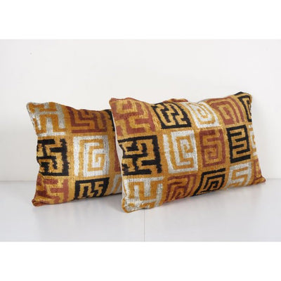 Set of Two Silk Ikat Velvet Pillow, Matching Red Uzbek Ikat Cushion Cover, Designer Pillow 15'' x 25''