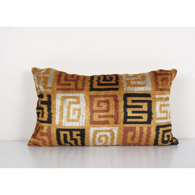 Gold Silk Ikat Velvet Pillow, Silk Ikat Lumbar Cushion Cover, Colorful Ikat Lumbar Pillows, Extraordinary Design Velvet Cushion 15'' x 25''