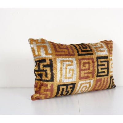 Gold Silk Ikat Velvet Pillow, Silk Ikat Lumbar Cushion Cover, Colorful Ikat Lumbar Pillows, Extraordinary Design Velvet Cushion 15'' x 25''