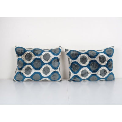 Silk Ikat Velvet Lumbar Pillow Cover - Set of Two Ethnic Decorative pillow - Pair Muted Blue Dot Velvet Ikat pillow 16'' x 20''