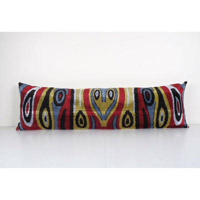 Ikat Bedding Velvet Pillow, Handwoven Silk Velvet Extra Long Lumbar Cushion Cover, Designer Bench Pillow 14'' x 50''