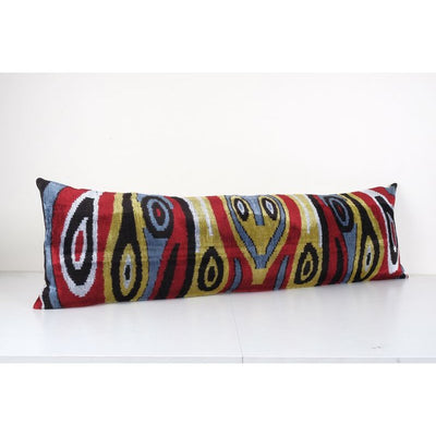 Ikat Bedding Velvet Pillow, Handwoven Silk Velvet Extra Long Lumbar Cushion Cover, Designer Bench Pillow 14'' x 50''