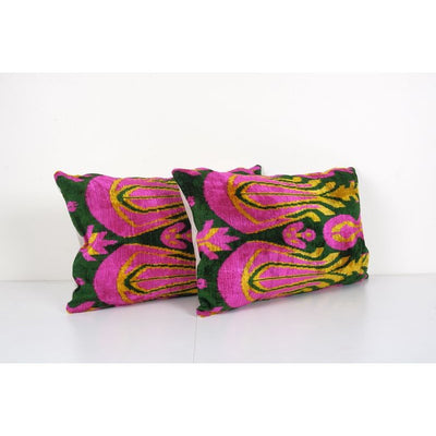 Set of Two Pink Silk Ikat Pillow with Tulip Pattern, Handloom Ikat Floral Cushion Cover 16'' x 24''