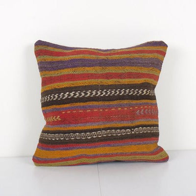 Square Farmhouse Bed Decor Pillow, 19th Century Embroidery Kilim Pillow Cover 16'' x 16''