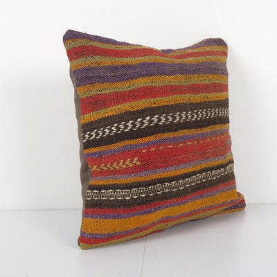Square Farmhouse Bed Decor Pillow, 19th Century Embroidery Kilim Pillow Cover 16'' x 16''