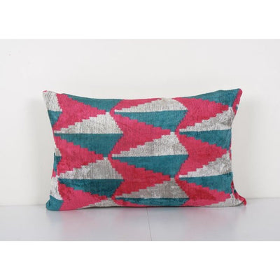Silk Ikat Velvet Lumbar Pillow Cover - Ethnic Decorative Pink Oblong Cushion 16'' x 24''