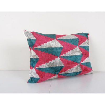 Silk Ikat Velvet Lumbar Pillow Cover - Ethnic Decorative Pink Oblong Cushion 16'' x 24''