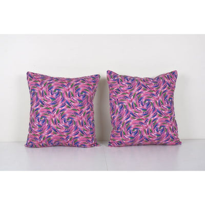 Old Pink Uzbek Trade Cloth Pillow, Pair Vintage Floral Roller Print Bedding Cushion Cover On Cotton 18'' x 20''