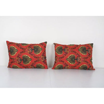 Pair Old Uzbek Trade Cloth Pillow, Set of Two Vintage Floral Roller Print Bedding Cushion Cover On Cotton 17'' x 24''