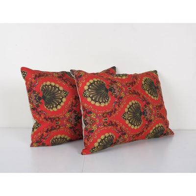 Pair Old Uzbek Trade Cloth Pillow, Set of Two Vintage Floral Roller Print Bedding Cushion Cover On Cotton 17'' x 24''