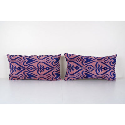 Silk Ikat Velvet Pillow Cover - Set of Two Ikat Pink and Blue Lumbar Cushion - Pair Designer Couch Throw Pillow Case 15'' x 28''