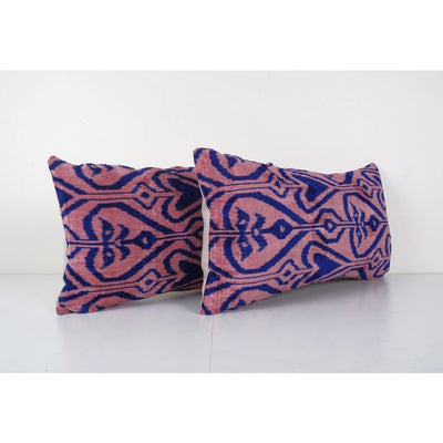 Silk Ikat Velvet Pillow Cover - Set of Two Ikat Pink and Blue Lumbar Cushion - Pair Designer Couch Throw Pillow Case 15'' x 28''