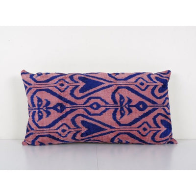 Ikat Navy Blue and Pink Pillow Cover - Silk Ethnic Velvet Lumbar Pillow Cover - Designer pillow - Velvet Ikat pillow 15'' x 28''