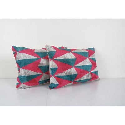 Silk Ikat Velvet Lumbar Pillow Cover, Matching Pink Ikat Lumbar Pillowcase, Set Designer Throw Pillow 16'' x 24''