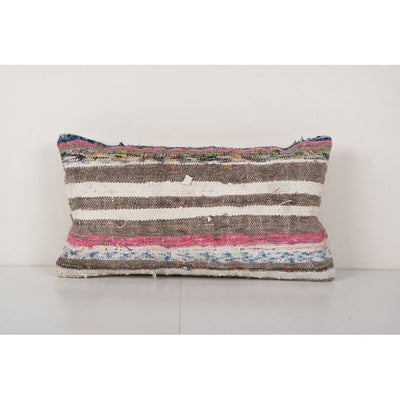 Traditional Turkish Decorative Kilim Pillow, Anatolian Striped Cotton Lumbar Kilim Pillow Cover 13'' x 24''