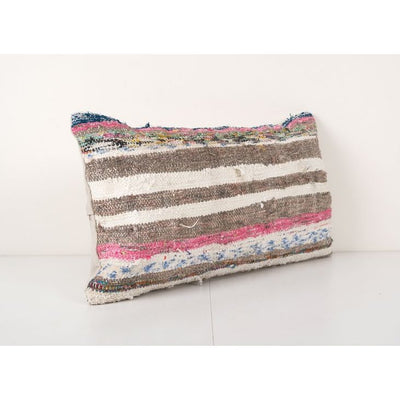 Traditional Turkish Decorative Kilim Pillow, Anatolian Striped Cotton Lumbar Kilim Pillow Cover 13'' x 24''