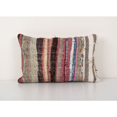 Ethnic Striped Turkish Lumbar Kilim Pillow Cover, Geometric Patterned Anatolian Cotton Kilim Pillow 14'' x 24''
