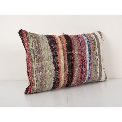 Ethnic Striped Turkish Lumbar Kilim Pillow Cover, Geometric Patterned Anatolian Cotton Kilim Pillow 14'' x 24''