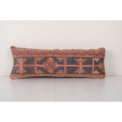 Anatolian Bedding Rug Pillow, Ethnic Vintage Handmade Lumbar Cover, Vintage Carpet Soft Wool Muted Red Bedding Pillowcase 12'' x 32''