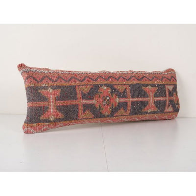 Anatolian Bedding Rug Pillow, Ethnic Vintage Handmade Lumbar Cover, Vintage Carpet Soft Wool Muted Red Bedding Pillowcase 12'' x 32''