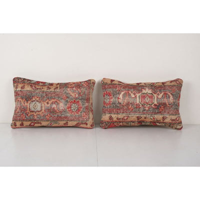 Set of Two Oushak Rug Lumbar Pillow, Pair Ethnic Pillow Cover, Matching Vintage Traditional Brown Carpet Pillow 12'' x 20''