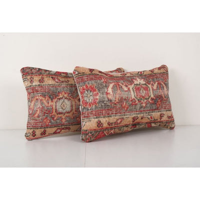 Set of Two Oushak Rug Lumbar Pillow, Pair Ethnic Pillow Cover, Matching Vintage Traditional Brown Carpet Pillow 12'' x 20''
