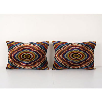 Pair Silk Ikat Velvet Pillow, Set of Two Silk Ikat Lumbar Cushion Cover, Extraordinary Design Velvet Cushion 16'' x 22''