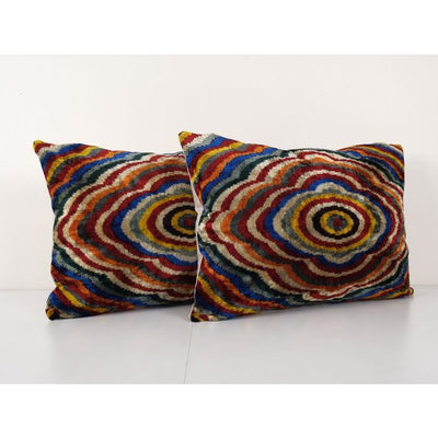 Pair Silk Ikat Velvet Pillow, Set of Two Silk Ikat Lumbar Cushion Cover, Extraordinary Design Velvet Cushion 16'' x 22''