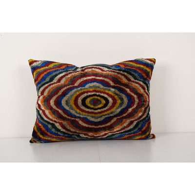 Velvet Cushions, Silk Lumbar Pillows, Blue Velvet Ikat Cushion Pillow Cover 16'' x 22''