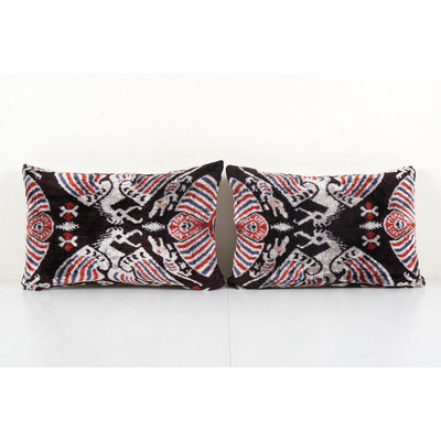 Set of Two Ikat Velvet Pillow, Pair Silk Lumbar Cushion Cover