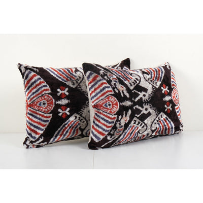 Set of Two Ikat Velvet Pillow, Pair Silk Lumbar Cushion Cover
