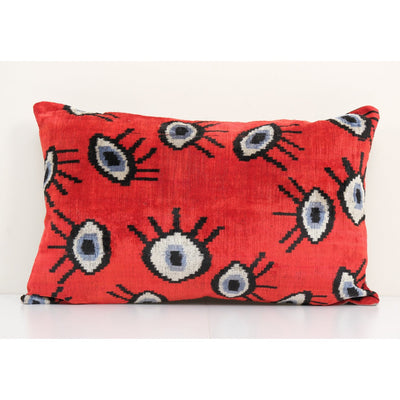 16" x 24" Ikat Eye Red Pillow Pillow Cover - Silk Ethnic Velvet Lumbar Pillow Cover