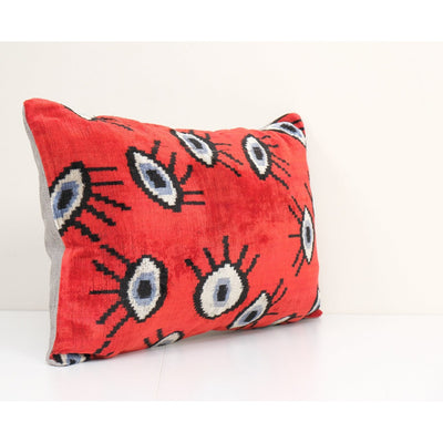 16" x 24" Ikat Eye Red Pillow Pillow Cover - Silk Ethnic Velvet Lumbar Pillow Cover