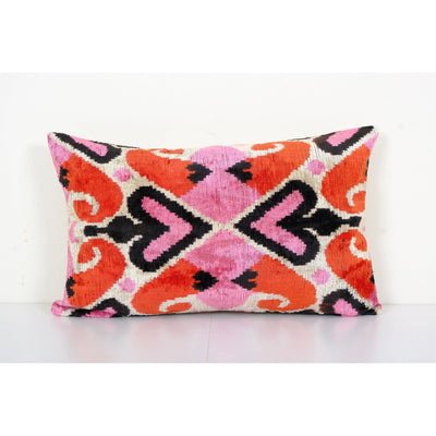 Silk Ikat Velvet Pillow with Pink Details, Handmade Velvet Lumbar Pillowcase