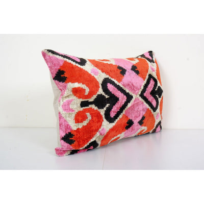 Silk Ikat Velvet Pillow with Pink Details, Handmade Velvet Lumbar Pillowcase