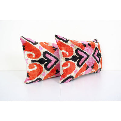 Pink Silk Ikat Velvet Pillow, Set of Two Colorful Velvet Lumbar Pillowcase
