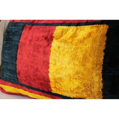 Ikat Velvet Pillow Cover with Rich Border, Matching Red, Yellow and Black Pillow