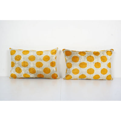 Yellow Silk Ikat Velvet Pillow Cover, Pair Polka Dot Ikat Lumbar Cushion Cover