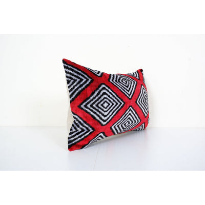 Silk Ikat Velvet Pillow, Red and Beige Velvet Lumbar Cushion Cover