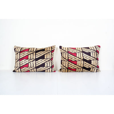 Handwoven Silk Ikat Velvet Pillowcase, Matching Brown Velvet Lumbar Cushion