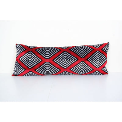Red Silk Ikat Velvet Pillow, Extra Long Ikat Cushion