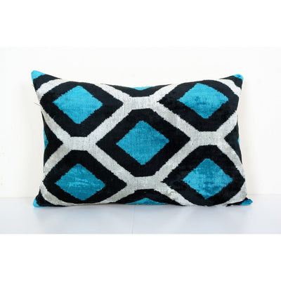 16" x 24" Ikat Pillow, Turquoise Blue Silk Velvet Pillow Cover