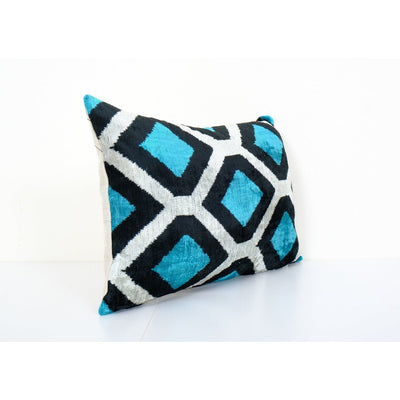 16" x 24" Ikat Pillow, Turquoise Blue Silk Velvet Pillow Cover