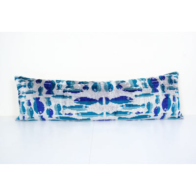 Extra Long Silk Ikat Velvet Pillow with Fish Motifs, Turquoise Velvet Cushion