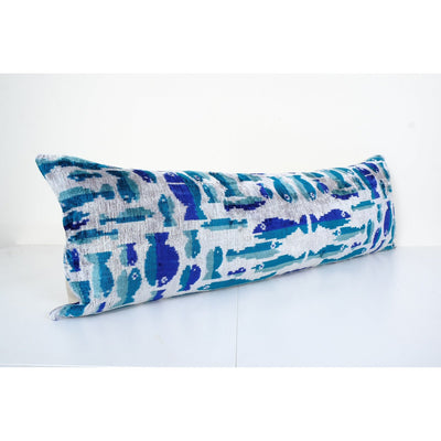 Extra Long Silk Ikat Velvet Pillow with Fish Motifs, Turquoise Velvet Cushion