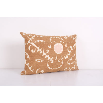 Tan Suzani Lumbar Cushion Cover, Tribal House Decor- Embroidery Handmade Embroidery Bukhara Pillows - Vintage Uzbek Pillow 16'' x 24''