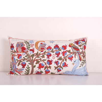 Tashkent Suzani Bedding Pillow Case Made from a 19th Century Suzani - Abstract Uzbek Bird Pictorial Lumbar Cushion Cover 18'' x 35''