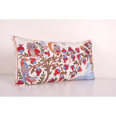 Tashkent Suzani Bedding Pillow Case Made from a 19th Century Suzani - Abstract Uzbek Bird Pictorial Lumbar Cushion Cover 18'' x 35''